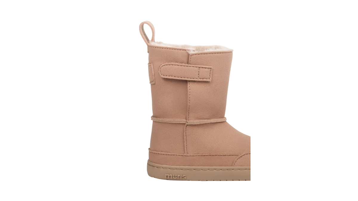 Barfußwinterstiefel für Kinder, geschlossene Zehenpartie, geschlossener Fersenbereich, Schaft mit Klettverschluss, flache Sohle, Detailansicht Schaft mit Zuglasche