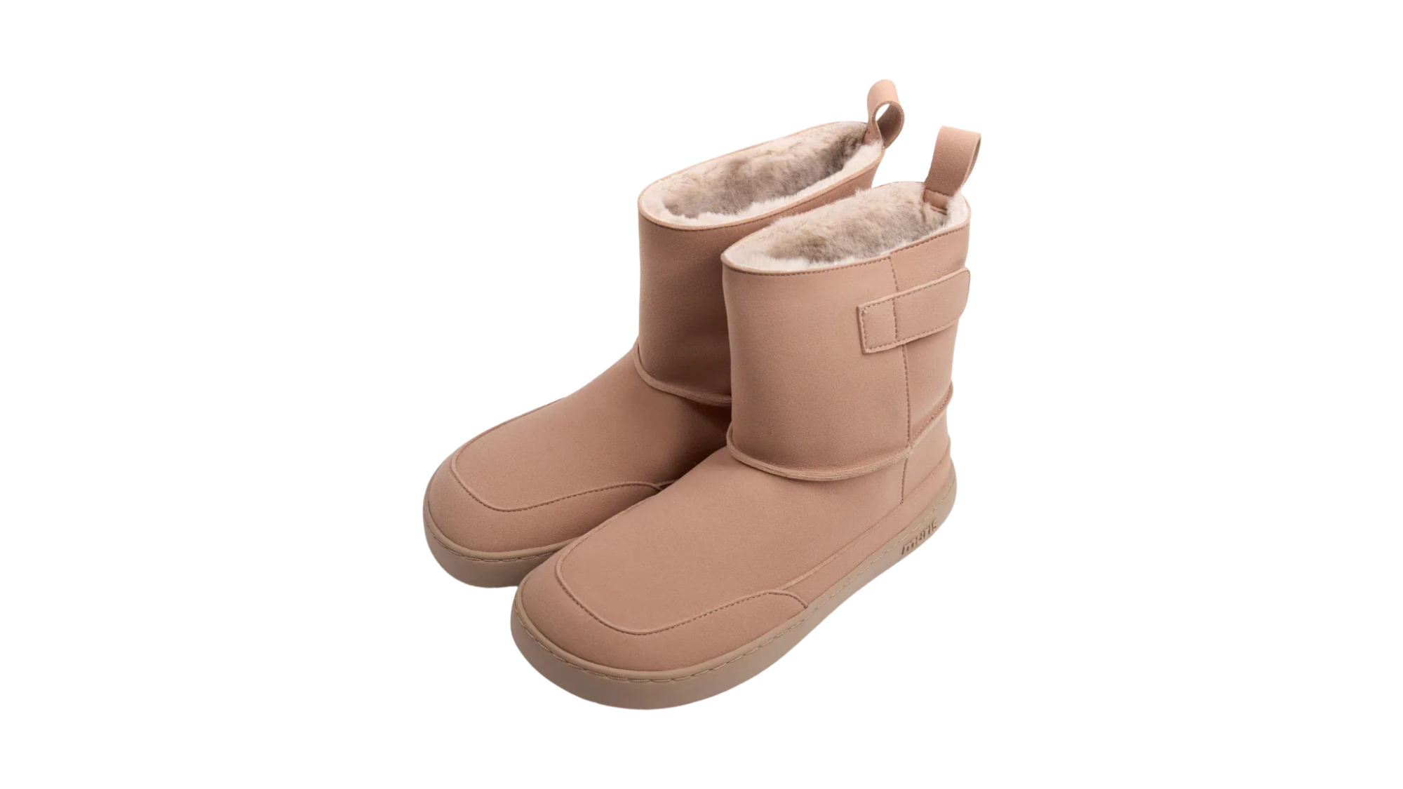 Barfußwinterstiefel, geschlossene Zehenpartie, geschlossener Fersenbereich, Schaft mit Klettverschluss, Zuglasche, flache Sohle, schräge Vorderansicht als Paar
