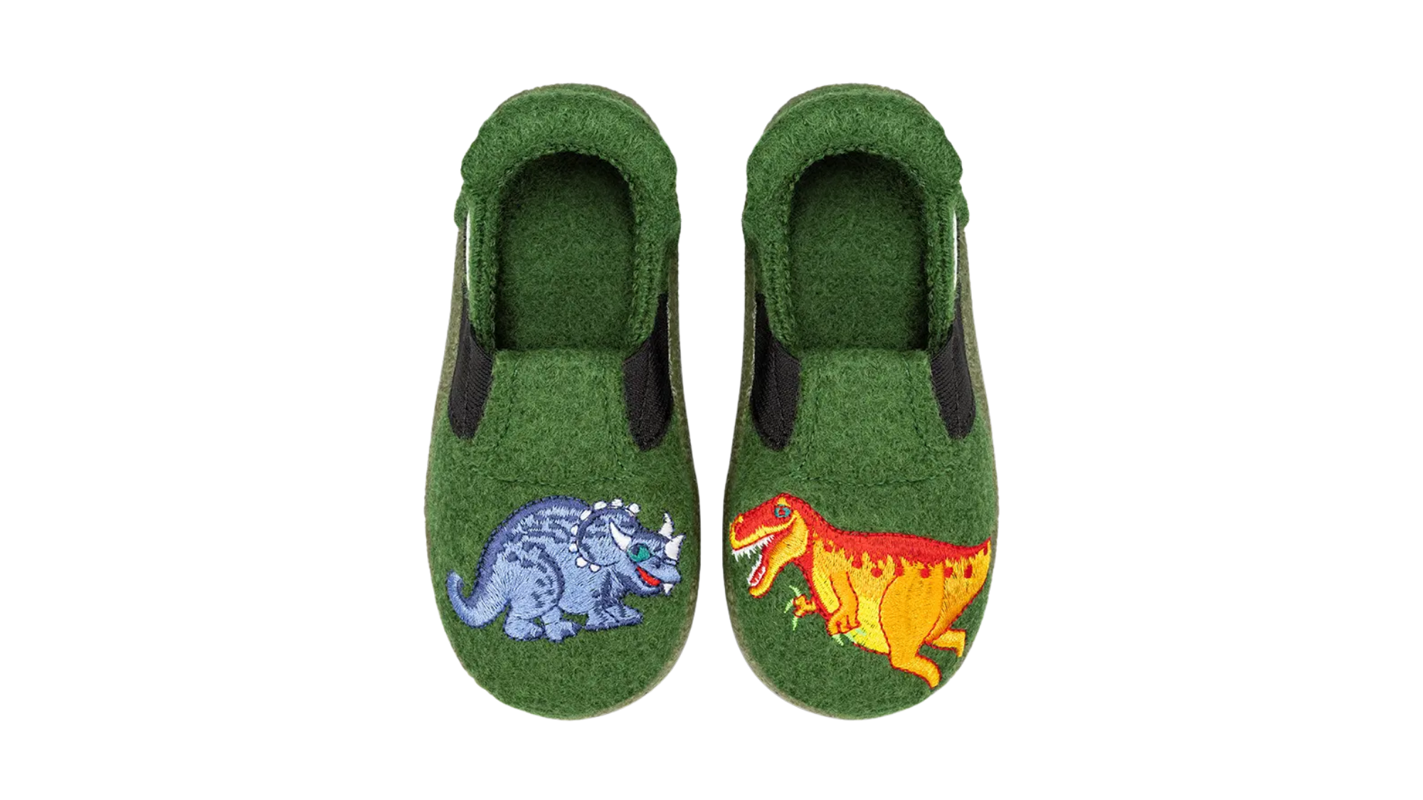 Grüner Hausschuh aus Filz mit Dino