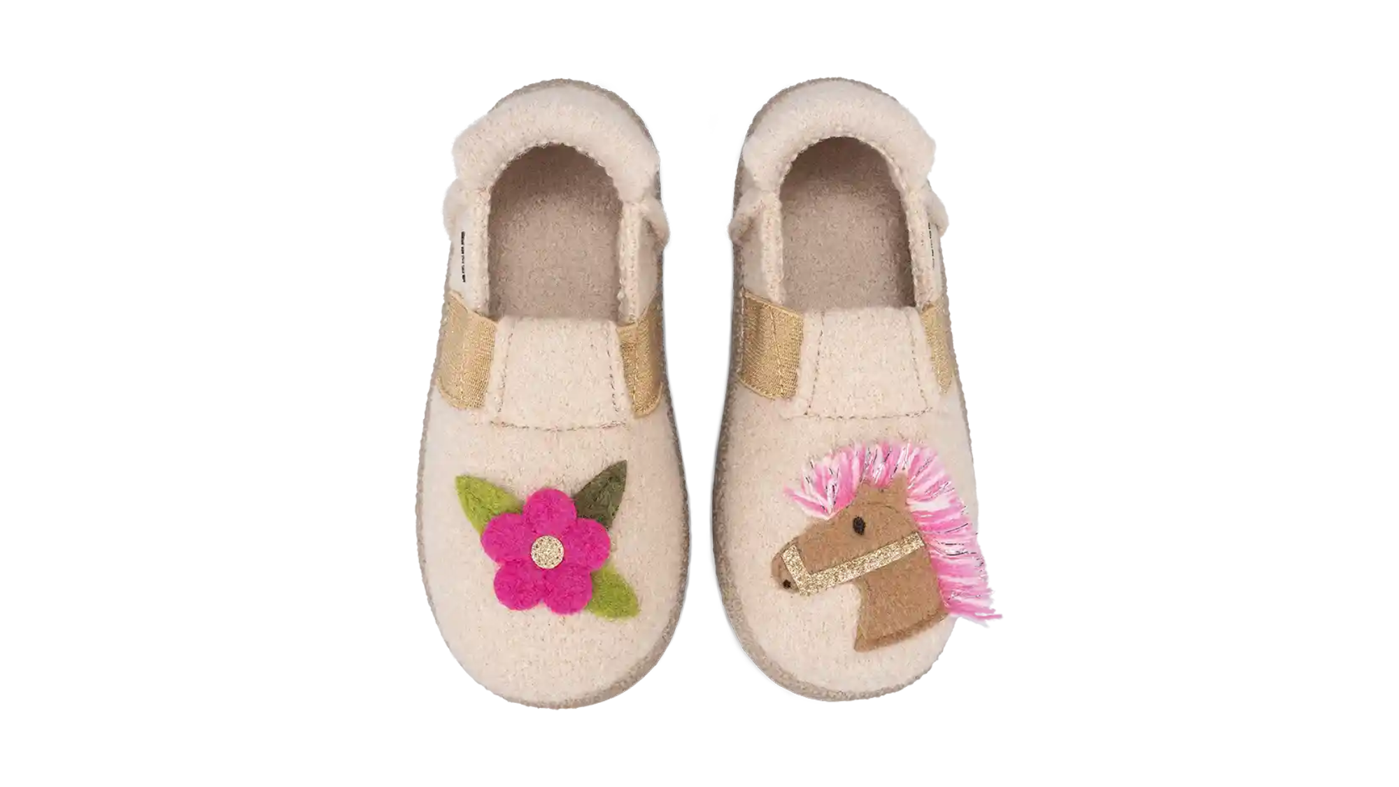 Barfußhausschuh für Kinder als Paar, geschlossene Zehen und Ferse, flexible Sohle, Applikationen auf dem Vorfuß, Draufsicht