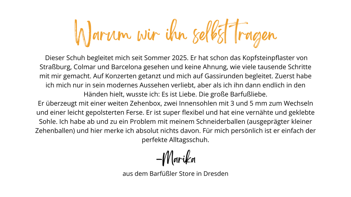 Textgrafik mit persönlichem Erfahrungsbericht zu einem Barfußschuh und Unterschrift aus dem Barfüßler Store Dresden, Draufsicht