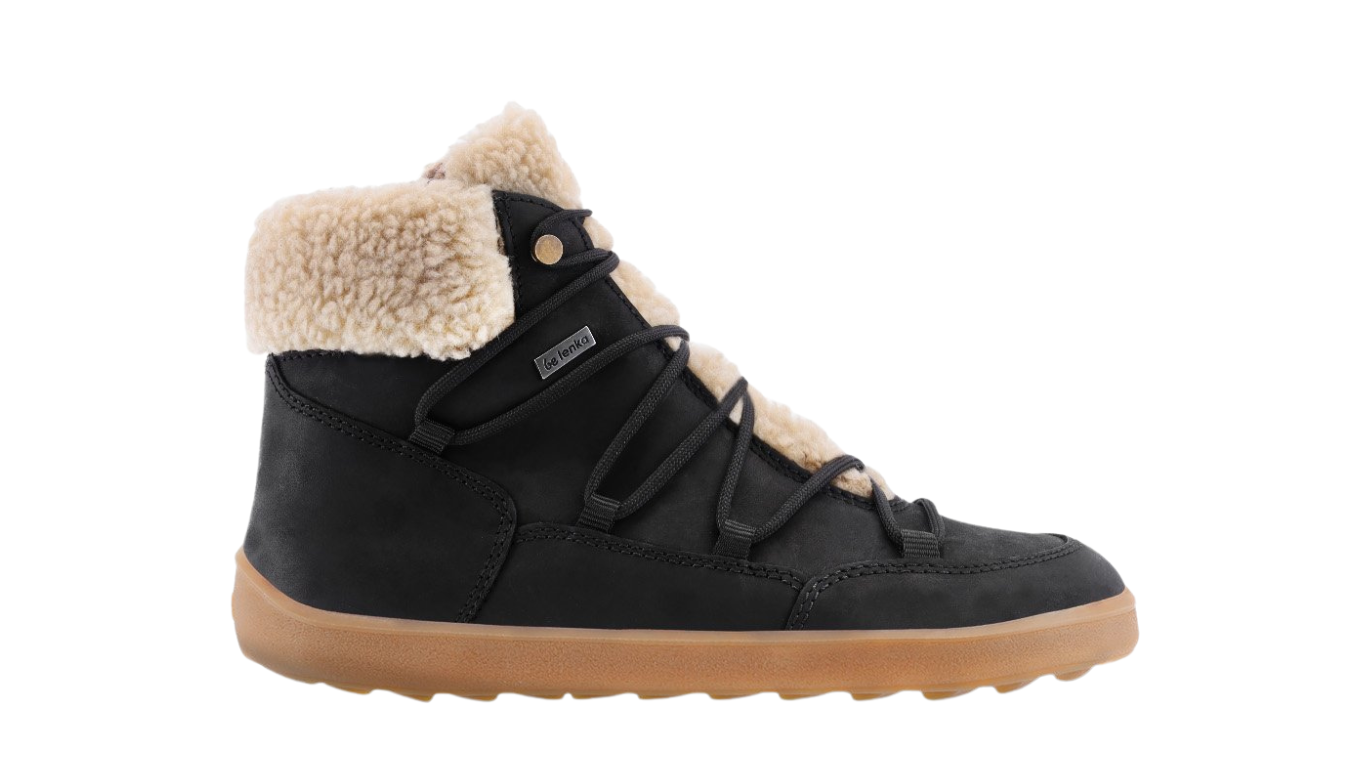 Barfußwinterstiefel für Erwachsene, knöchelhoch, breite Zehenbox, Schnürung, geschlossene Zehen, geschlossener Fersenbereich, Seitenansicht außen