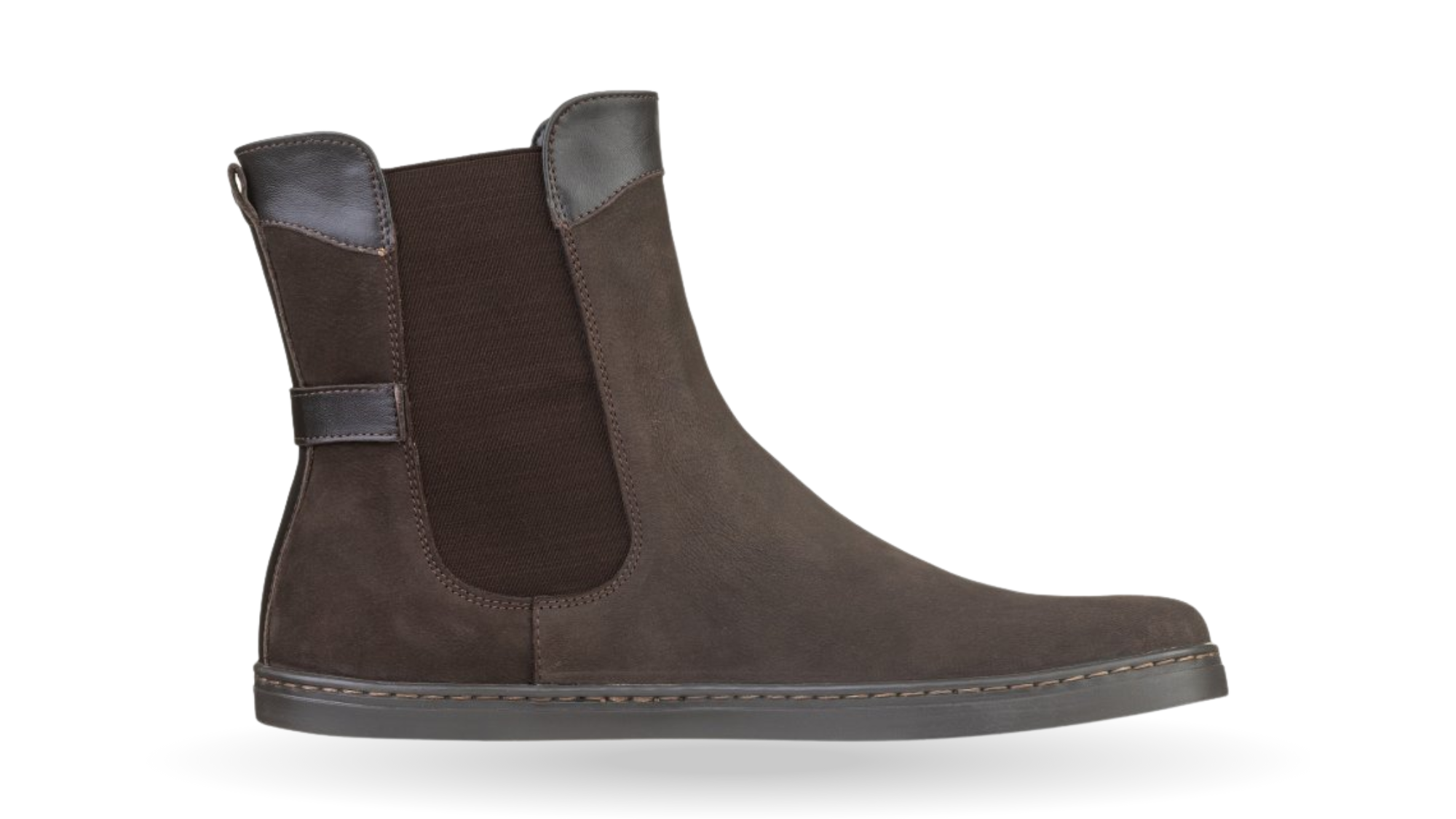 Barfußstiefel mit elastischem Einsatz seitlich, breiter Zehenbox und flacher Sohle, geschlossener Fersenbereich, Seitenansicht außen