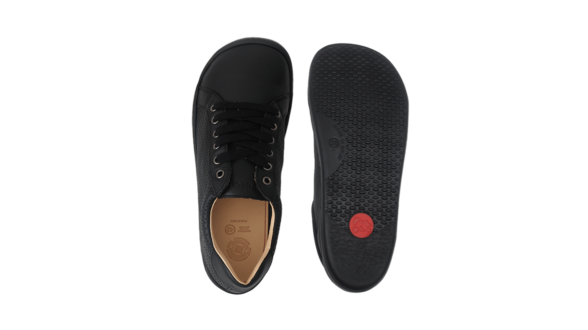 Barfußschuh für Erwachsene, geschlossene Zehenpartie, geschlossener Fersenbereich, Schnürung, Perforation im Seitenbereich, flache Sohle, Draufsicht und Ansicht von unten, als Paar