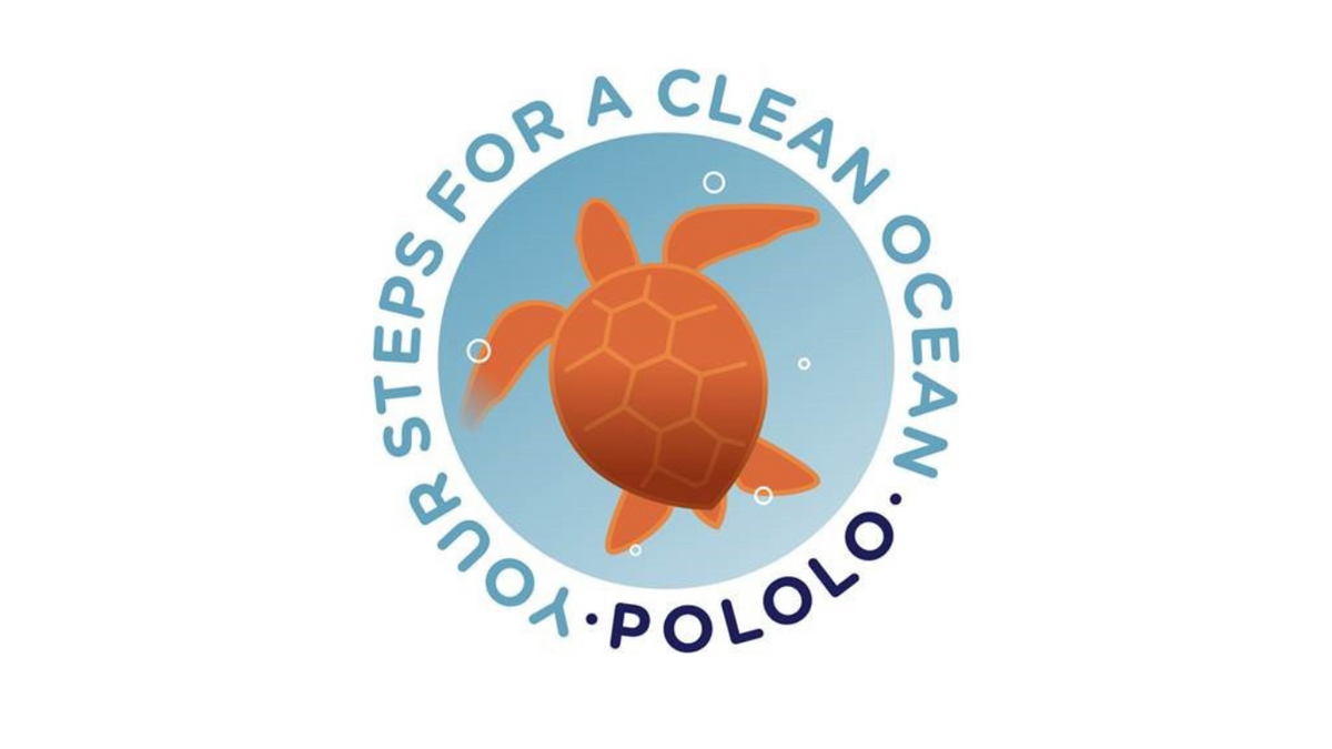 Rundes Logo mit Schildkrötenmotiv und Schriftzug YOUR STEPS FOR A CLEAN OCEAN POLOLO, Draufsicht