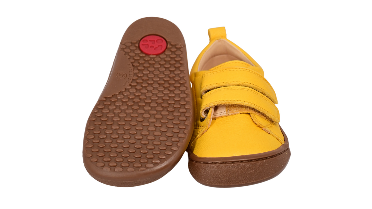 Kinder Barfußschuhe mit breiter Zehenbox, flexibler Sohle und zwei Klettverschlüssen, geschlossene Zehen und geschlossener Fersenbereich, Paar,  Vorderansicht und Ansicht von unten