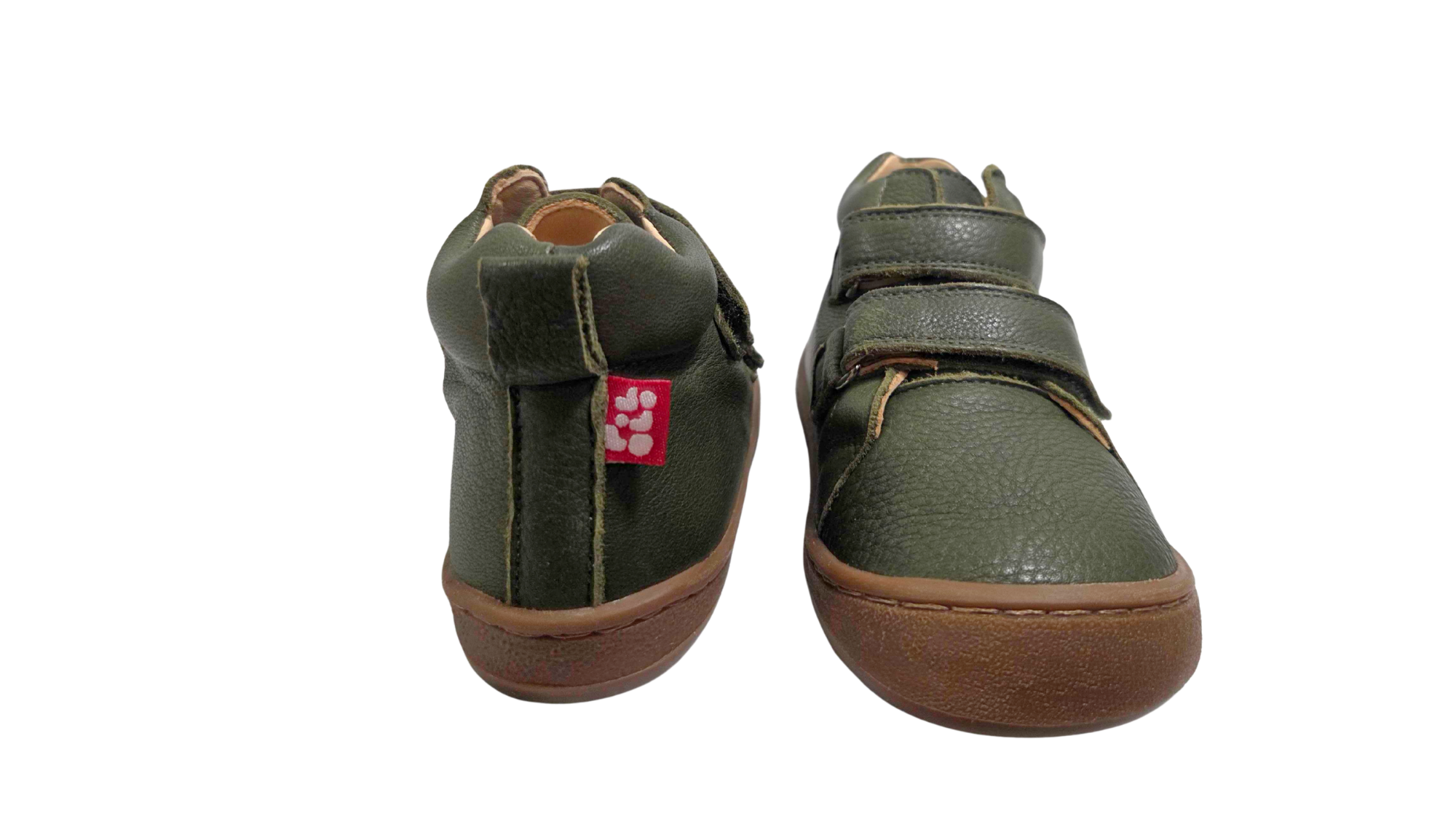aKinder Barfußschuh mit breiter Zehenbox, flexibler Sohle und zwei Klettverschlüssen, geschlossene Zehen und geschlossener Fersenbereich, Rück- und Vorderansicht als Paar