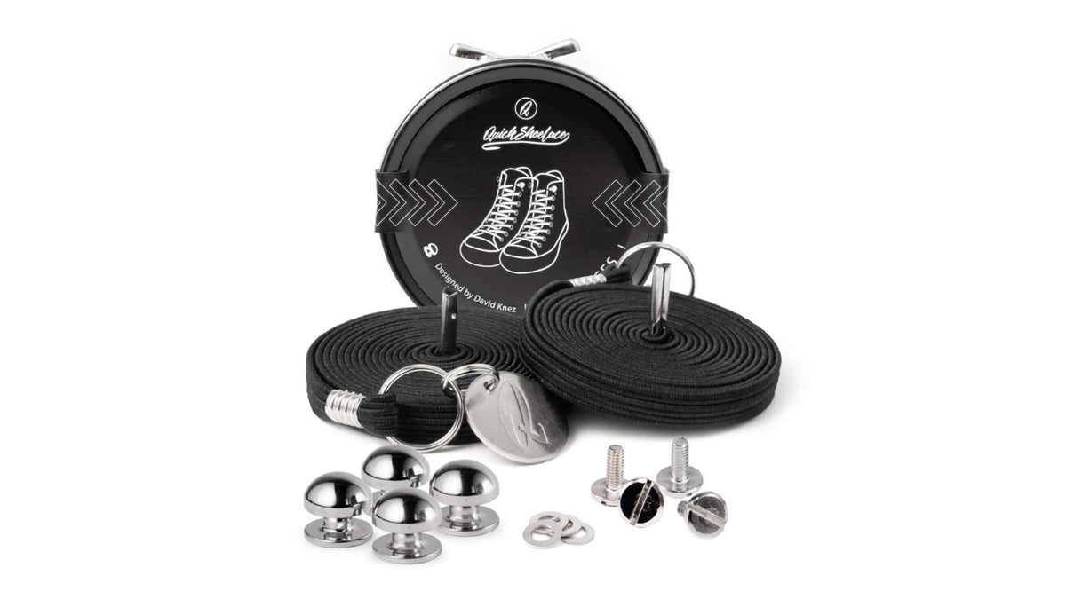 Schnürsenkel-Set, zwei runde Senkel mit Metallenden, Schraubverschlüsse, Metallknöpfe und Dose, Draufsicht