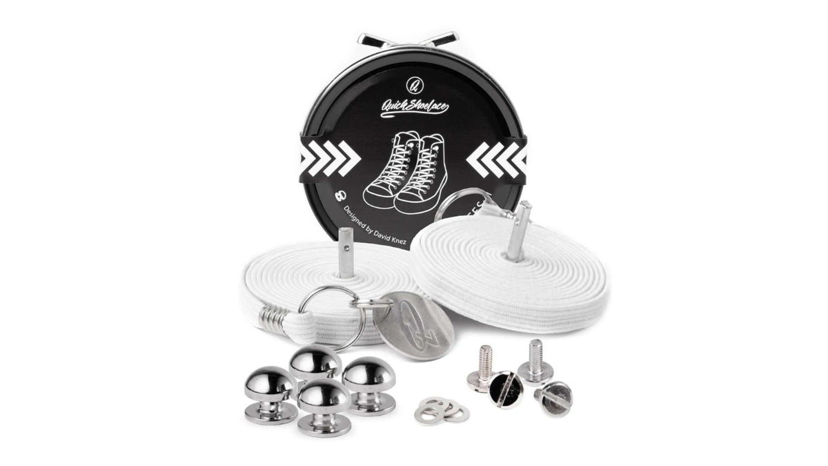 Schnürsenkel-Set, zwei runde Senkel mit Metallenden, Schraubverschlüsse, Metallknöpfe und Dose, Draufsicht