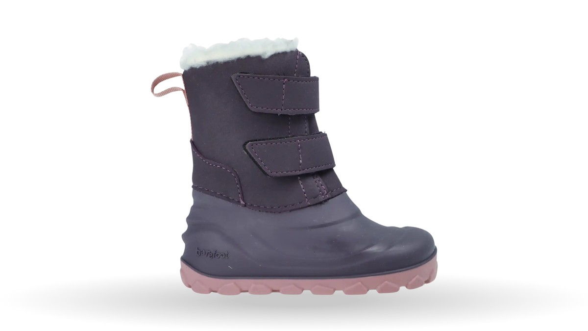 Kinder-Barfußwinterstiefel mit zwei Klettverschlüssen, hohem Schaft und sichtbarem Futter, Seitenansicht außen