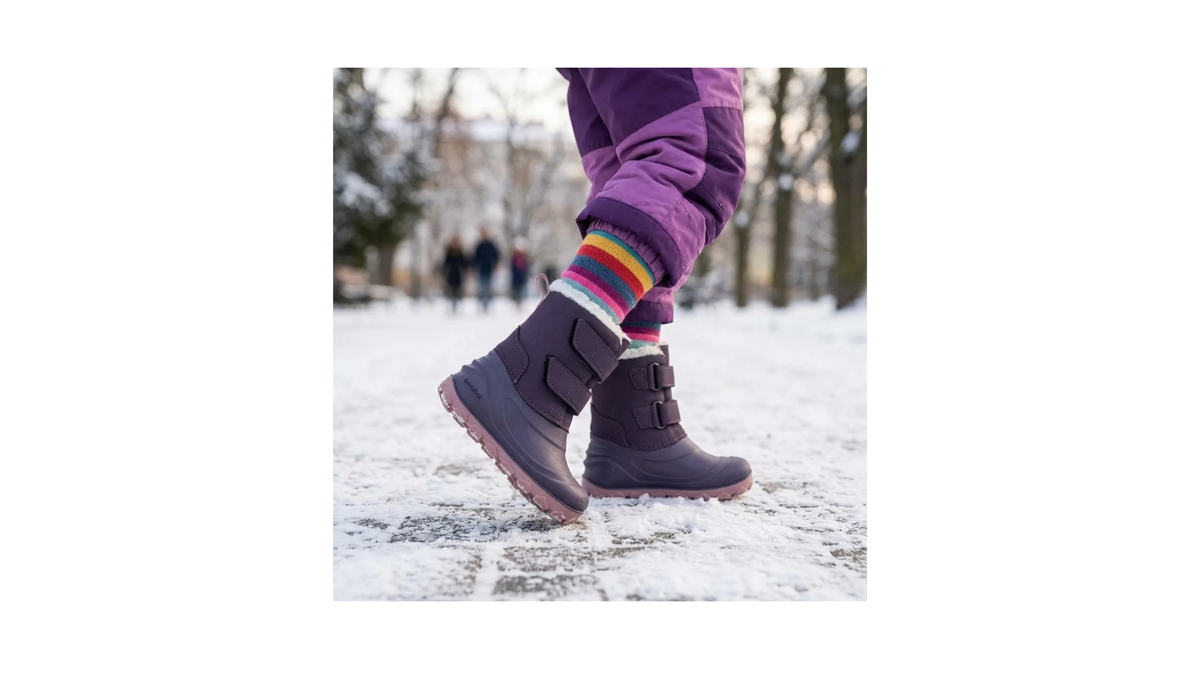 1. Kinder-Barfußwinterstiefel mit zwei Klettverschlüssen und hohem Schaft, am Fuß im Schnee getragen, Seitenansicht außen