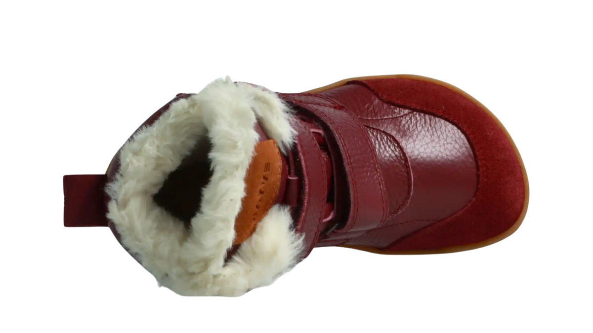Kinder-Barfußwinterstiefel mit zwei Klettverschlüssen und deutlich sichtbarem Innenfutter, Draufsicht