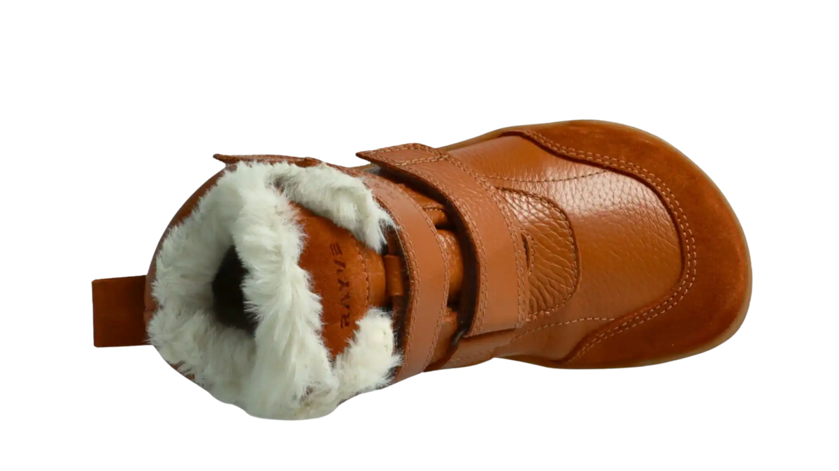 Kinder-Barfußwinterstiefel mit zwei Klettverschlüssen und deutlich sichtbarem Innenfutter, Draufsicht
