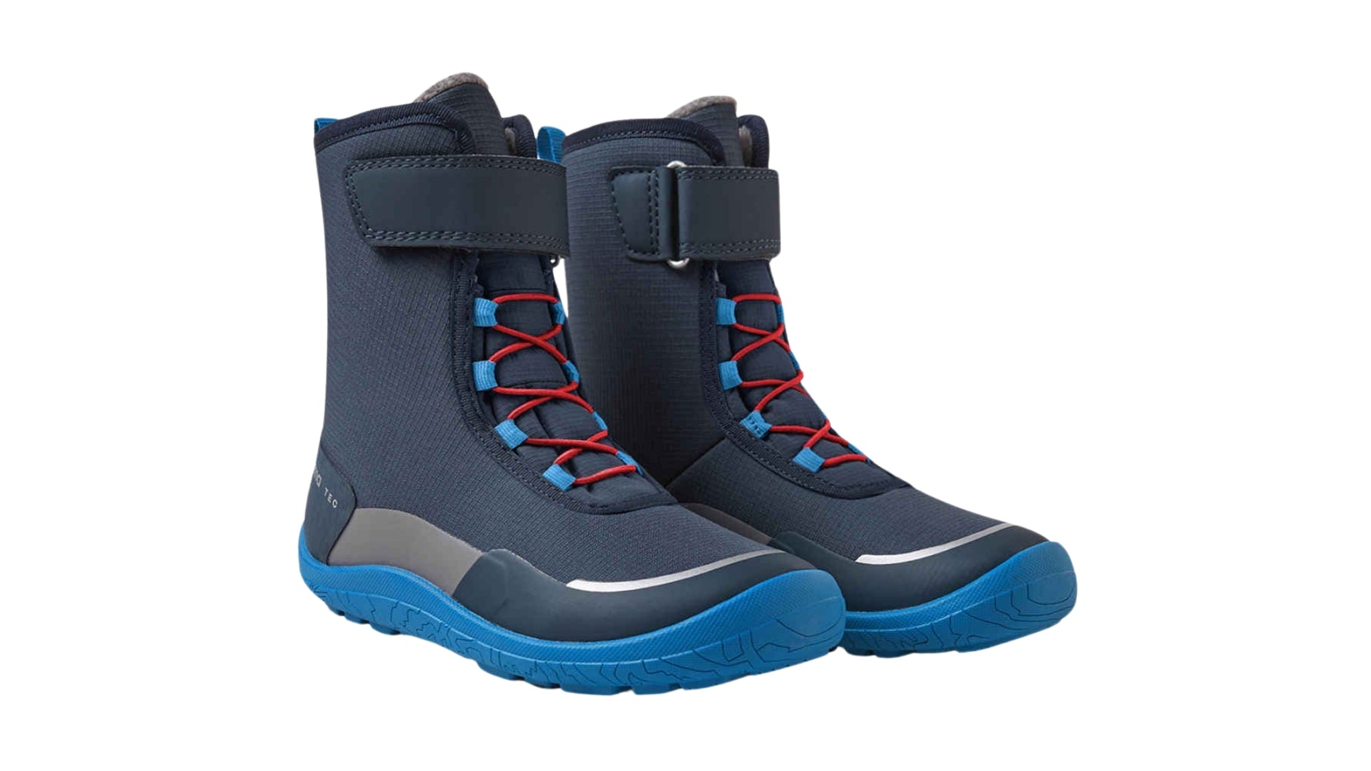 Barfußwinterstiefel für Kinder, geschlossene Zehenpartie, geschlossener Fersenbereich, Schnürung, Klettverschluss am Schaft, Zuglasche, profilierte Sohle, schräge Vorderansicht als Paar
