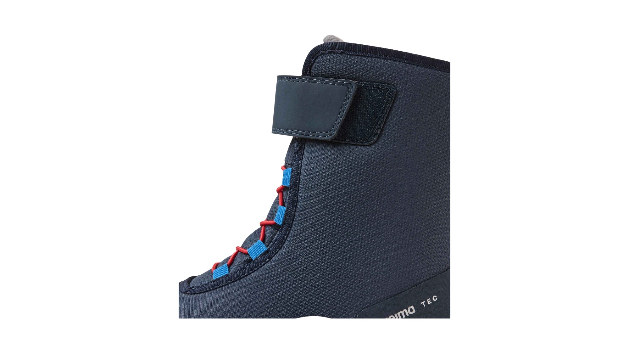 Barfußwinterstiefel für Kinder, geschlossene Zehenpartie, geschlossener Fersenbereich, Schnürung, Klettverschluss am Schaft, Zuglasche, profilierte Sohle, Detailansicht Klettverschluss