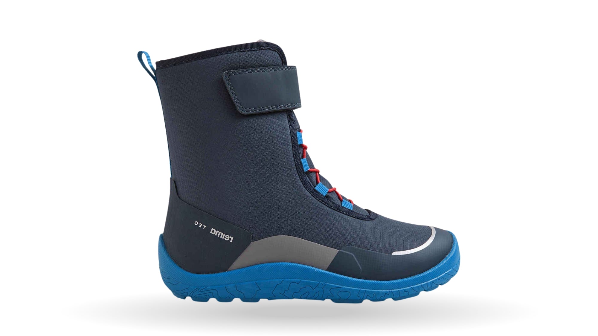 Barfußwinterstiefel für Kinder, geschlossene Zehenpartie, geschlossener Fersenbereich, Schnürung, Klettverschluss am Schaft, Zuglasche, profilierte Sohle, Seitenansicht außen