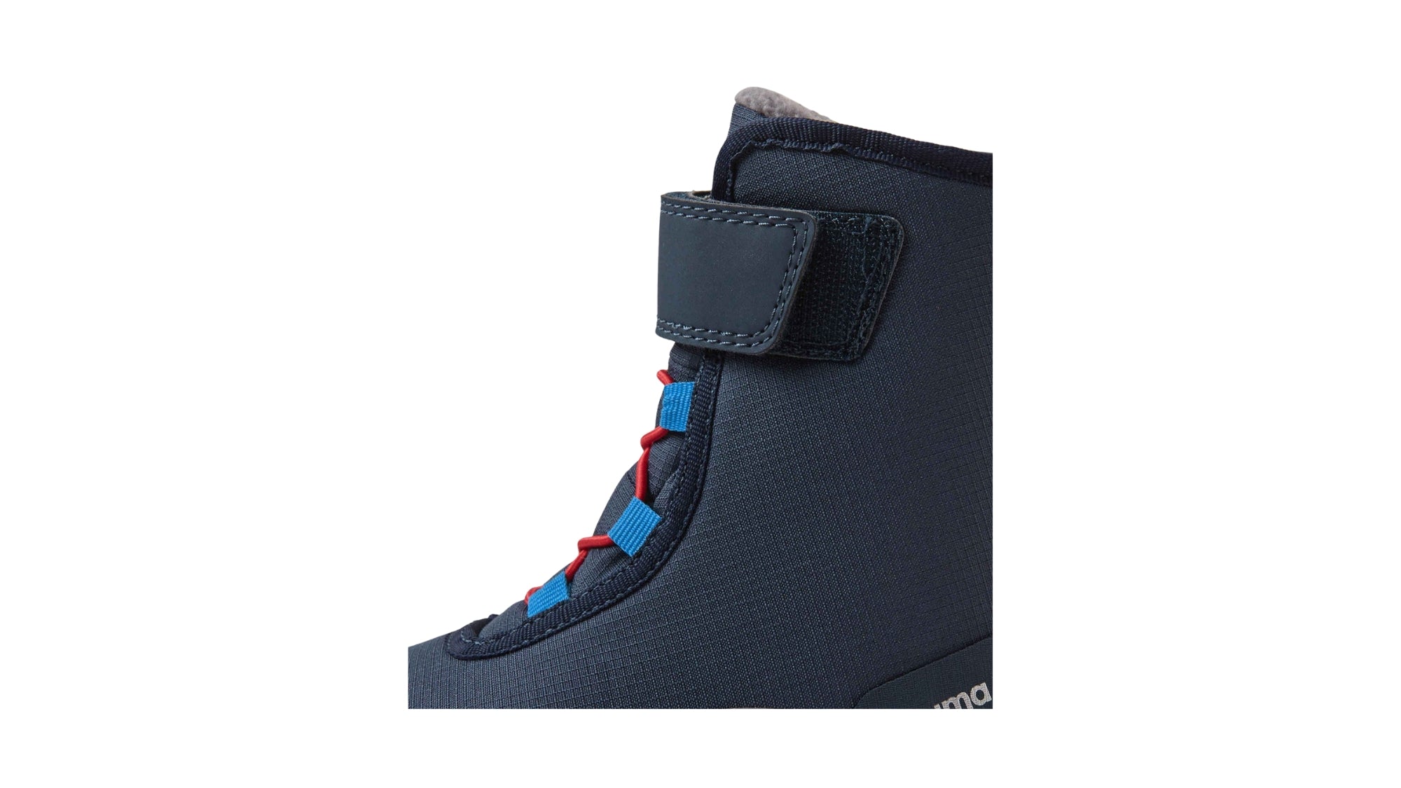 Barfußwinterstiefel für Kinder, geschlossene Zehenpartie, geschlossener Fersenbereich, Schnürung, Klettverschluss am Schaft, Zuglasche, profilierte Sohle, Detailansicht Klettverschluss