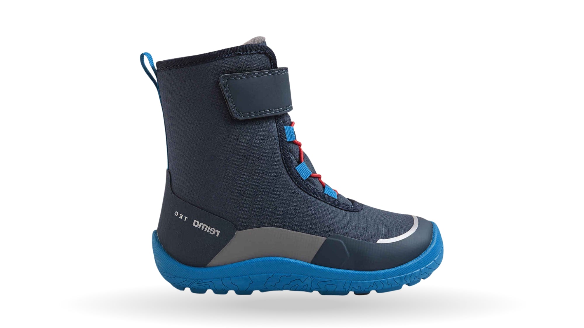 Barfußwinterstiefel für Kinder, geschlossene Zehenpartie, geschlossener Fersenbereich, Schnürung, Klettverschluss am Schaft, Zuglasche, profilierte Sohle, Seitenansicht außen