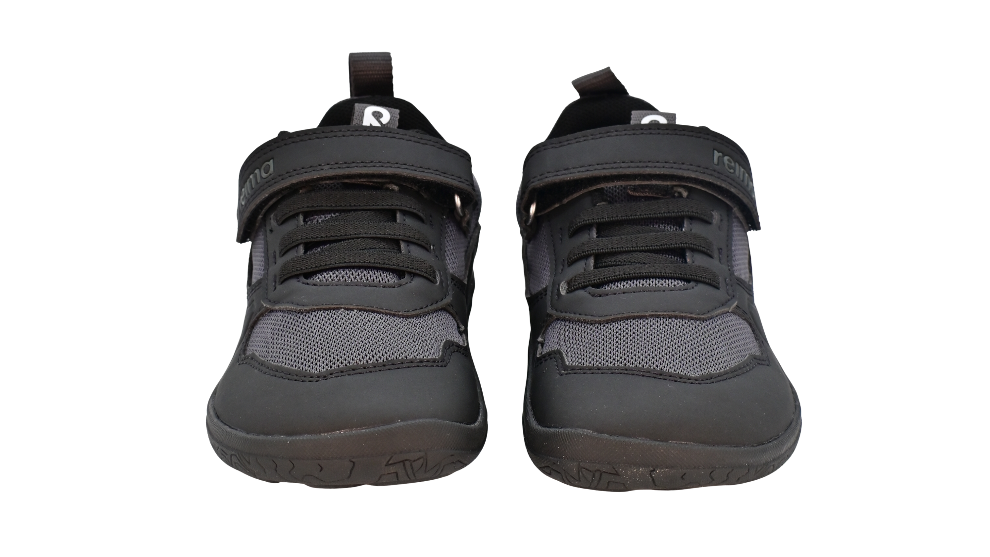 Barfußschuh für Kinder, geschlossene Zehenpartie, geschlossener Fersenbereich, Schnürung, Klettverschluss, Zuglasche, profilierte Sohle, Vorderansicht als Paar