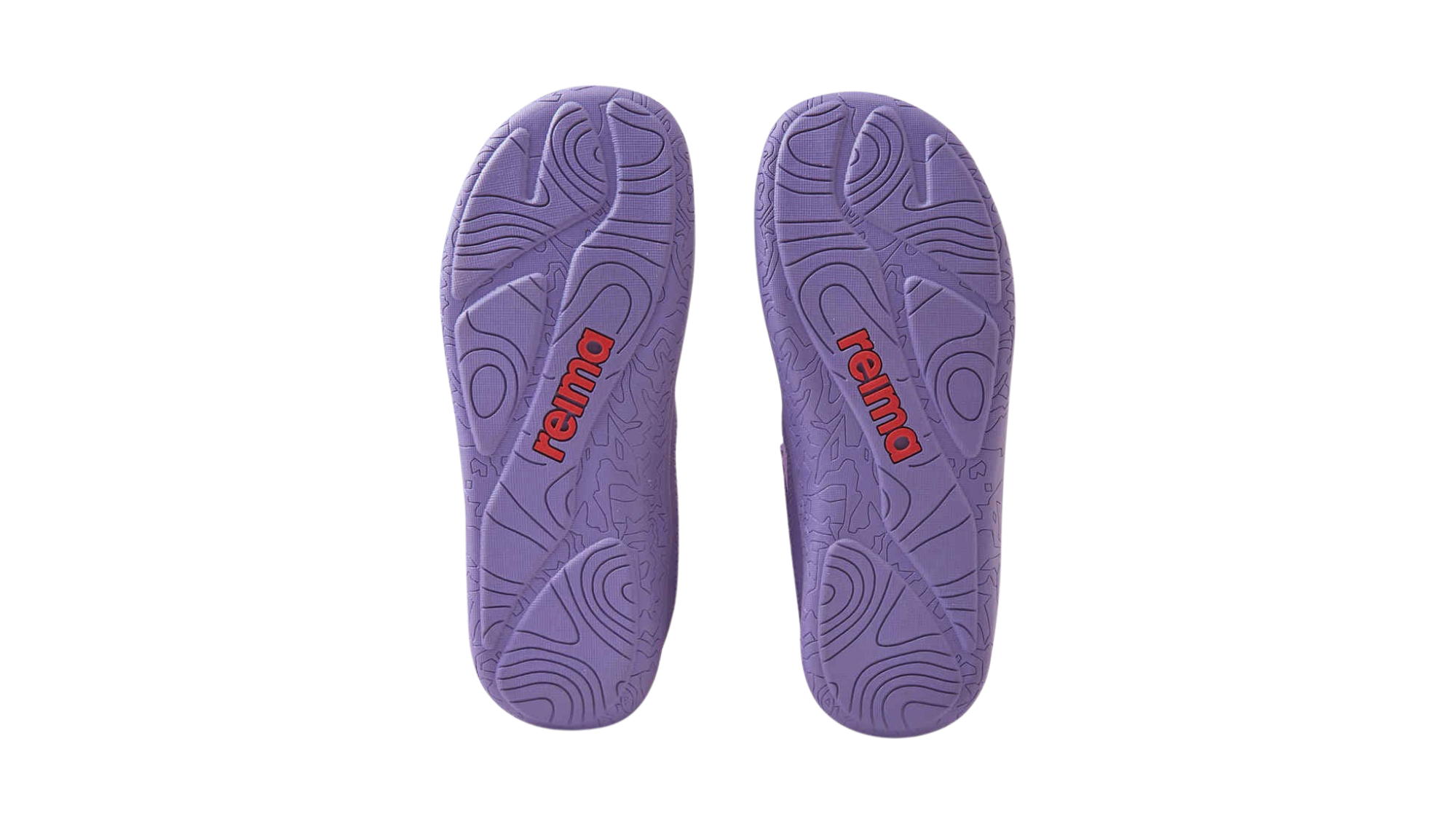 Barfußschuh für Kinder, geschlossene Zehenpartie, geschlossener Fersenbereich, Schnürung, Klettverschluss, Zuglasche, profilierte Sohle, Ansicht von unten als Paar