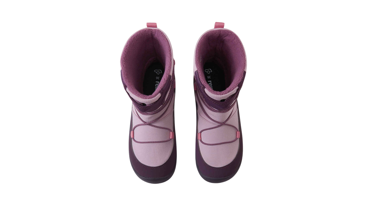 Paar Kinder-Barfußwinterstiefel mit Schnellverschluss und sichtbarer Schaftöffnung, Draufsicht