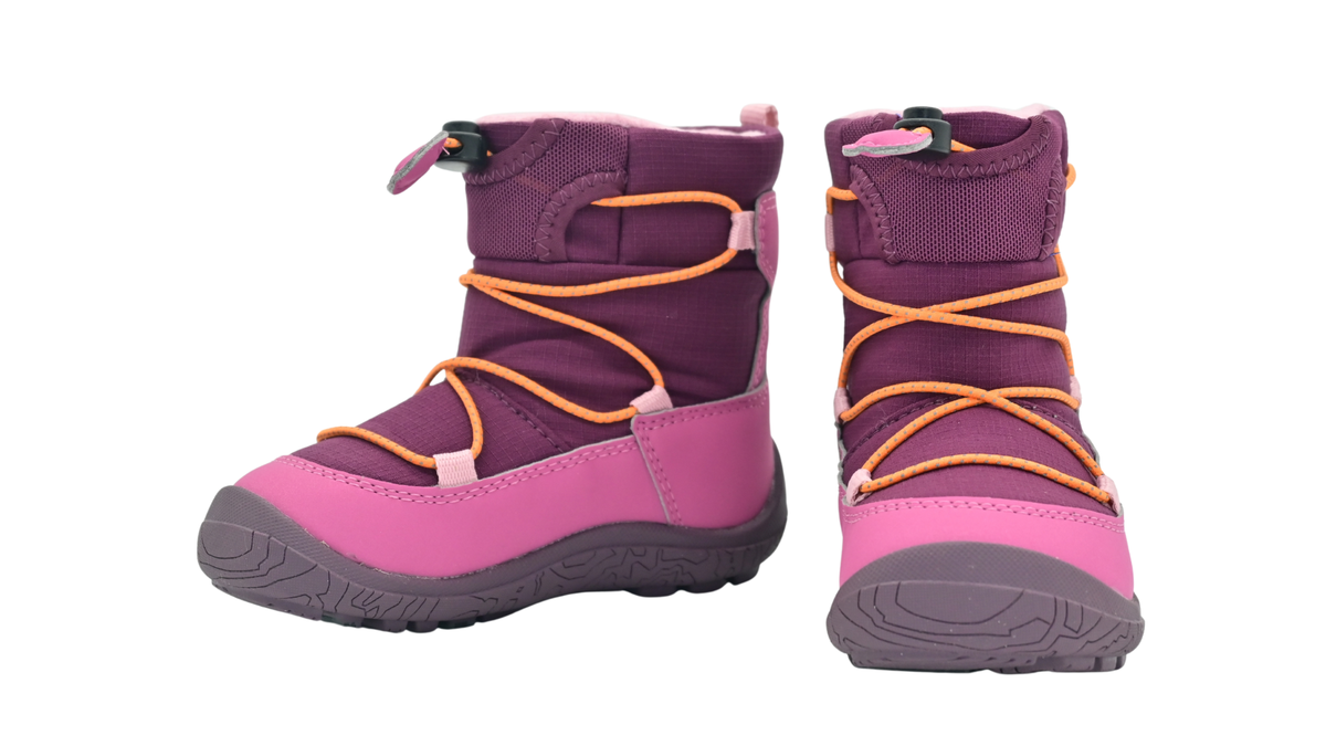 Kinder-Barfußwinterstiefel mit Schnellverschluss und profilierter Sohle, Seitenansicht innen und Vorderansicht