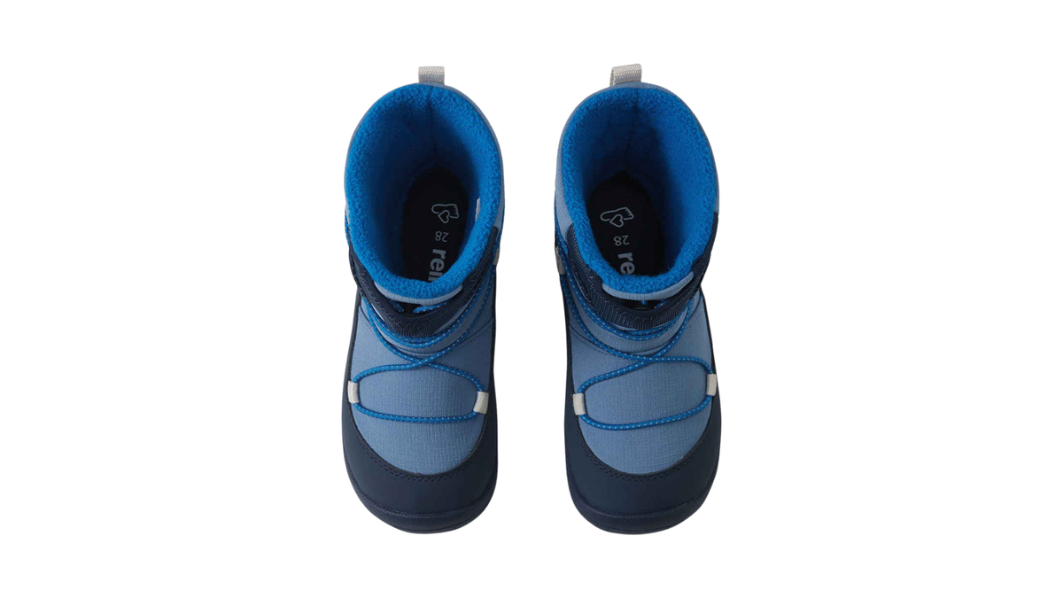Paar Kinder-Barfußwinterstiefel mit Schnellverschluss und sichtbarer Schaftöffnung, Draufsicht