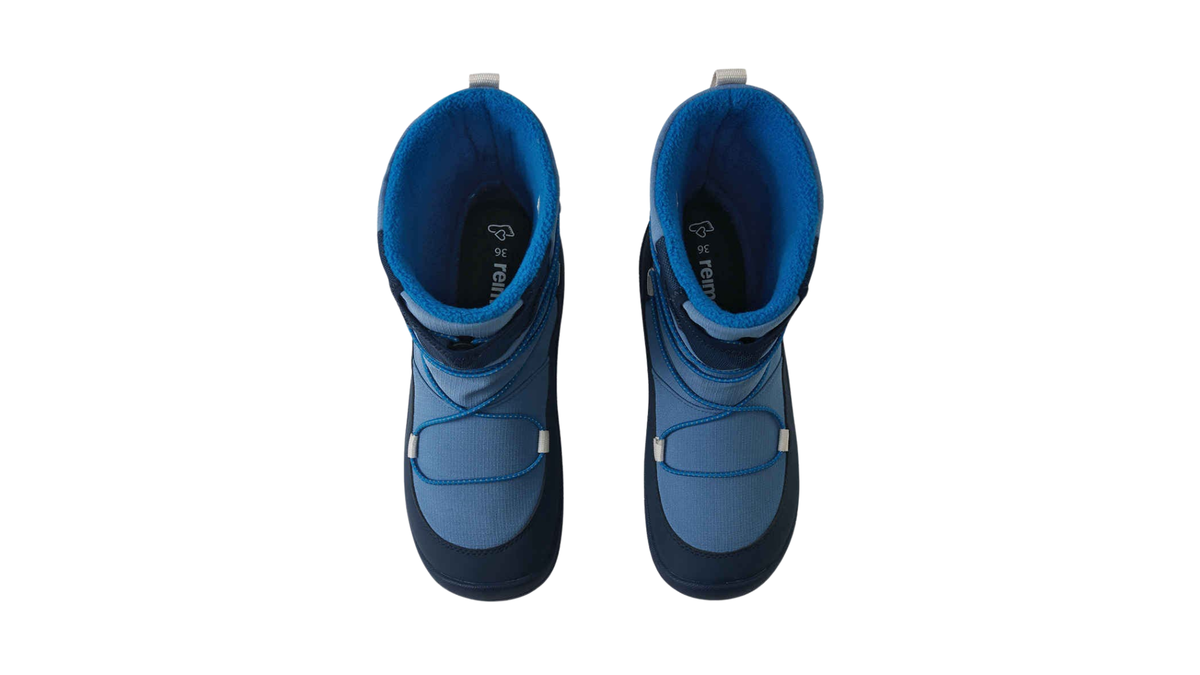 Paar Kinder-Barfußwinterstiefel mit Schnellverschluss und sichtbarer Schaftöffnung, Draufsicht