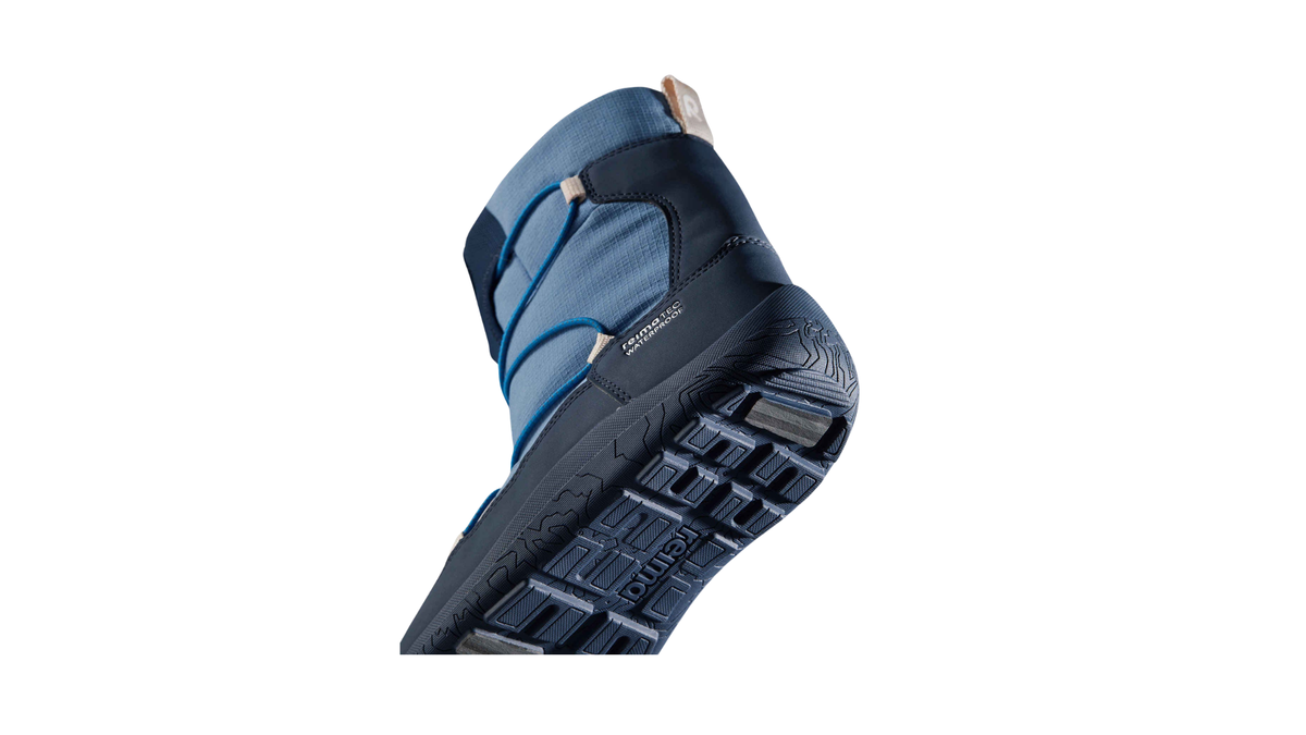 Kinder-Barfußwinterstiefel mit Schnellverschluss und profilierter Sohle, Detailansicht der Seiten- und Sohlenpartie