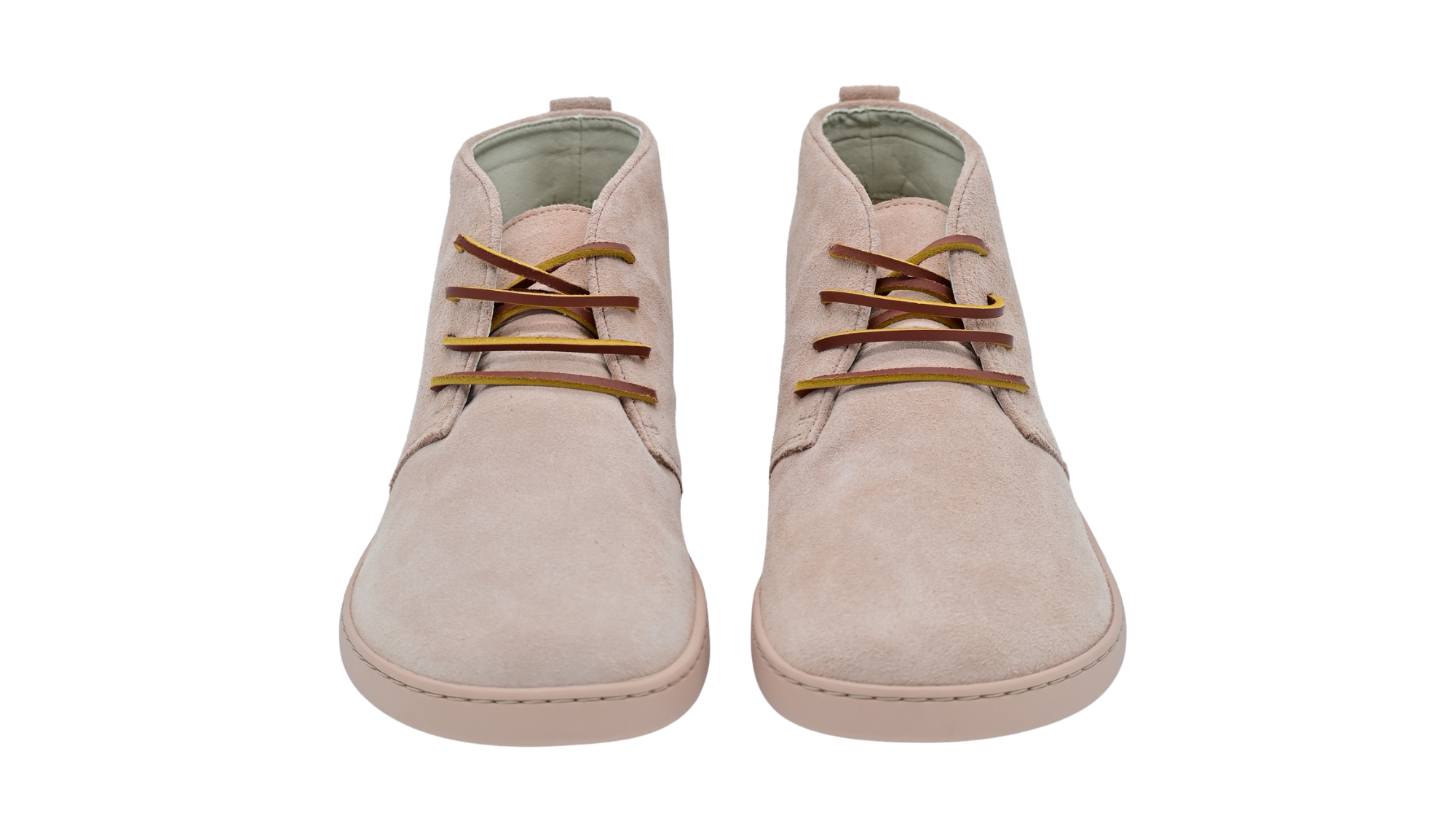 Barfußschuh mit breiter Zehenbox, flexibler Sohle und Schnürung, geschlossene Zehen und geschlossener Fersenbereich, Vorderansicht als Paar