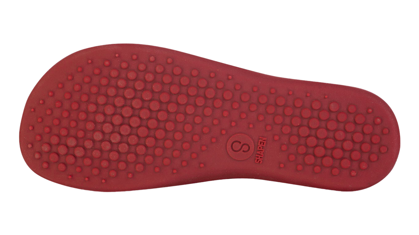 Barfußschuh mit flexibler Sohle und Profilstruktur, geschlossene Zehen und geschlossener Fersenbereich, einzelner Schuh, Ansicht von unten