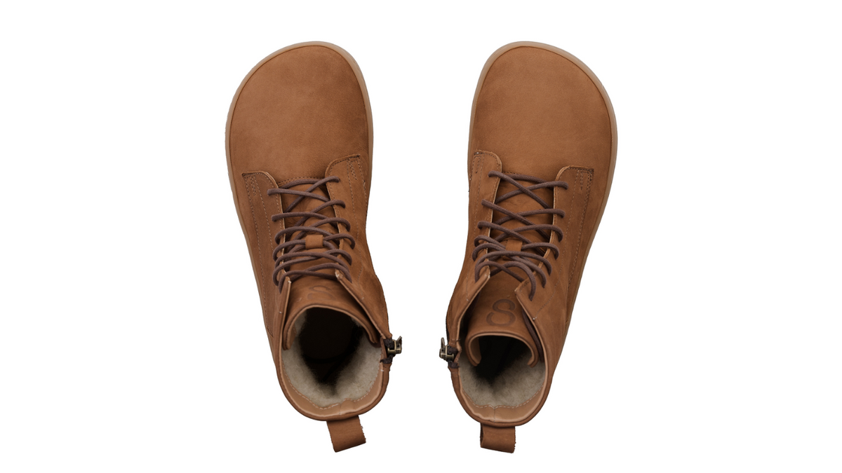 Barfußstiefel mit breiter Zehenbox, flexibler Sohle und Schnürung, geschlossene Zehen und geschlossener Fersenbereich, Paar, Draufsicht