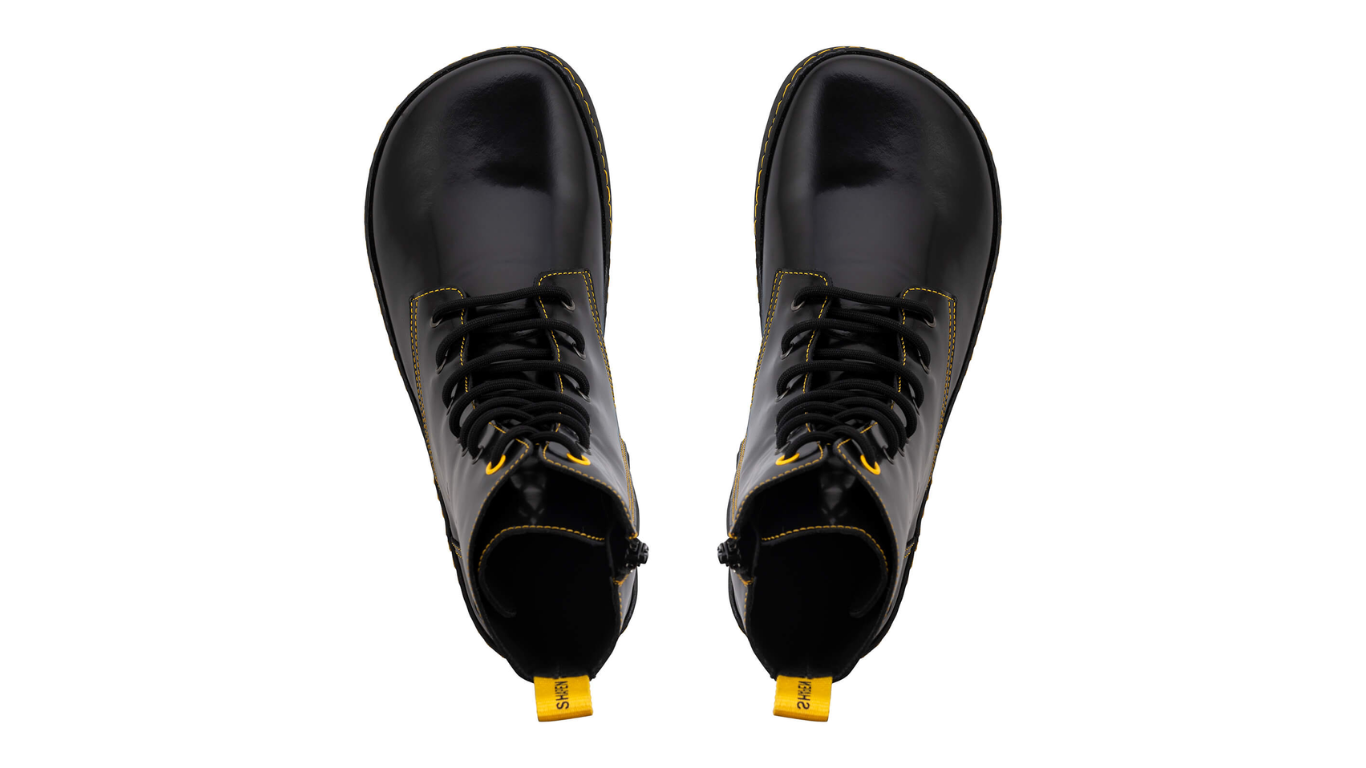 Barfußstiefel mit breiter Zehenbox, flexibler Sohle und Schnürung, geschlossene Zehen und geschlossener Fersenbereich, Paar, Draufsicht