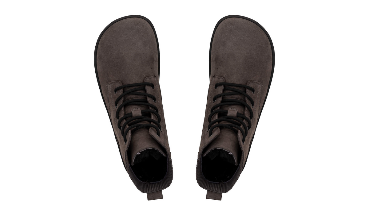 Barfußwinterstiefel, geschlossene Zehen und geschlossener Fersenbereich, Schnürung, flexible Sohle, Draufsicht, als Paar