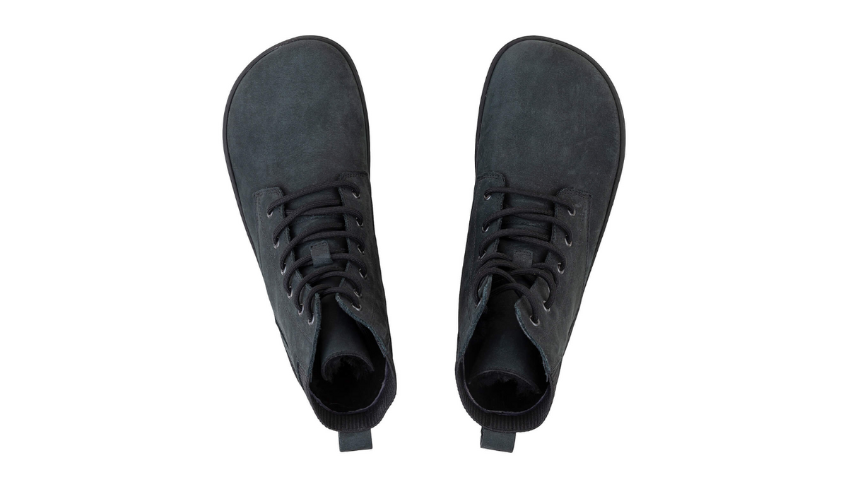 Barfußwinterstiefel, geschlossene Zehen und geschlossener Fersenbereich, Schnürung, flexible Sohle, Draufsicht, als Paar