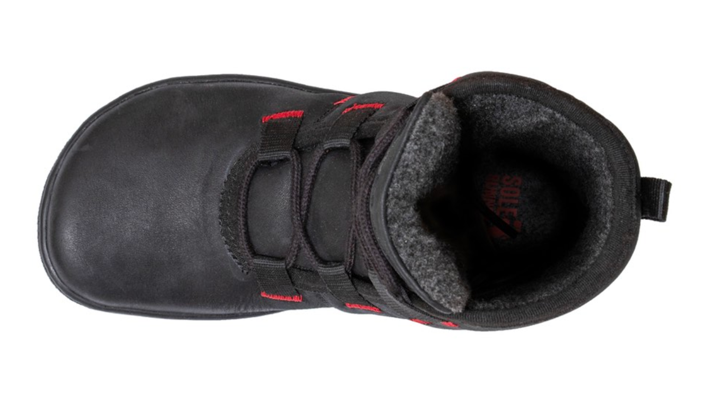 Kinder Barfußwinterstiefel, geschlossene Zehen und geschlossener Fersenbereich, Schnürsenkel, flexible Sohle, Draufsicht, einzelner Schuh