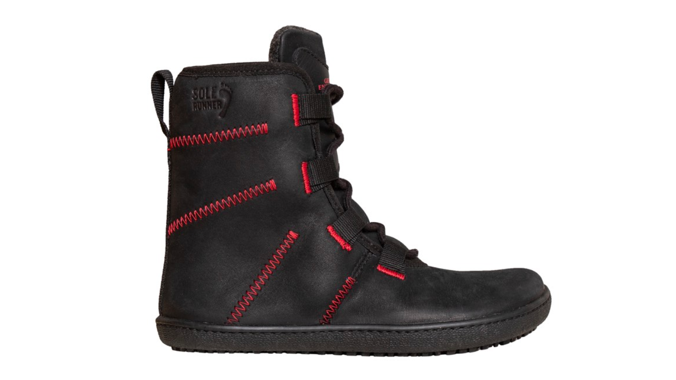 Kinder Barfußwinterstiefel, geschlossene Zehen und geschlossener Fersenbereich, Schnürsenkel, flexible Sohle, Seitenansicht außen, einzelner Schuh