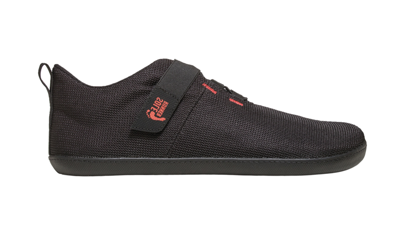 Barfußschuh, geschlossene Zehen und geschlossener Fersenbereich, Klettverschluss, flexible Sohle, einzelner Schuh, Seitenansicht außen