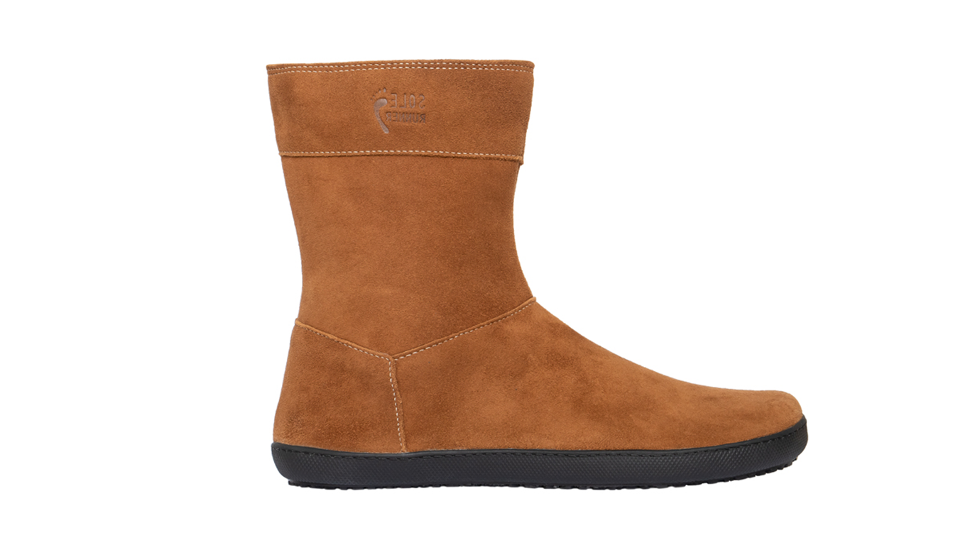 Barfußwinterstiefel, geschlossene Zehen und geschlossener Fersenbereich, ohne Verschluss, flexible Sohle, einzelner Schuh, Seitenansicht außen