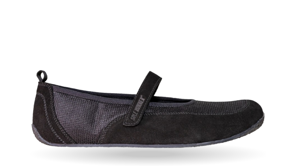 Ballerina-Barfußschuh mit Riemenverschluss, Mesh-Einsätzen und geschlossener Zehenpartie in Seitenansicht außen