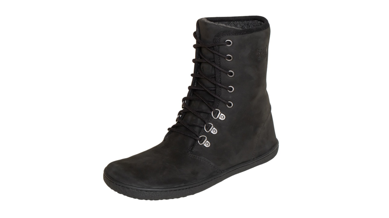 Barfußwinterstiefel für Erwachsene mit Schnürung und geschlossenem Schaft, schräge Vorderansicht