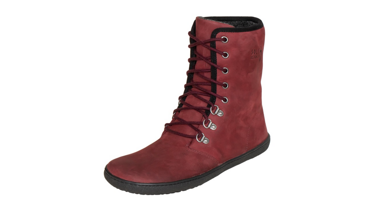 Barfußwinterstiefel für Erwachsene mit Schnürung und geschlossenem Schaft, schräge Vorderansicht