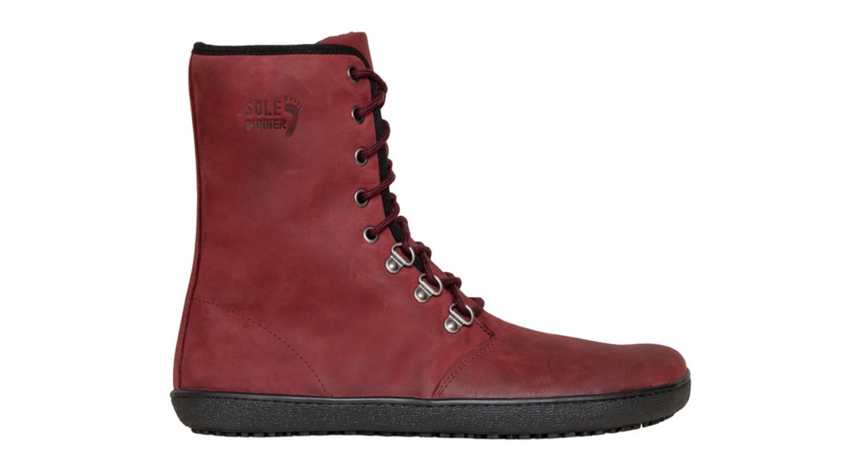Barfußwinterstiefel für Erwachsene mit Schnürung, breiter Zehenbox und geschlossenem Schaft, Seitenansicht außen