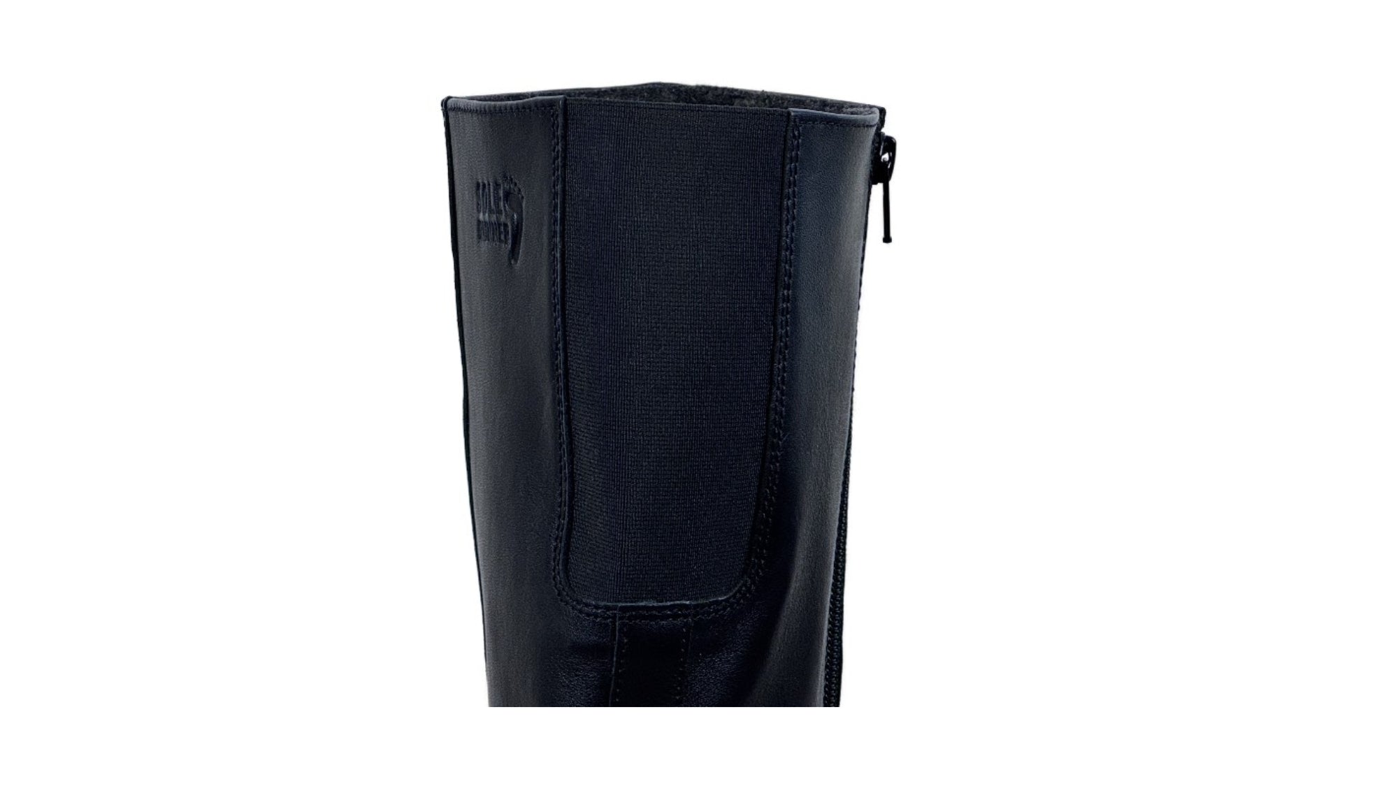 Barfußstiefel für Erwachsene, geschlossene Zehenpartie, geschlossener Fersenbereich, hoher Schaft, flache Sohle, Detailansicht Schaft mit elastischem Einsatz