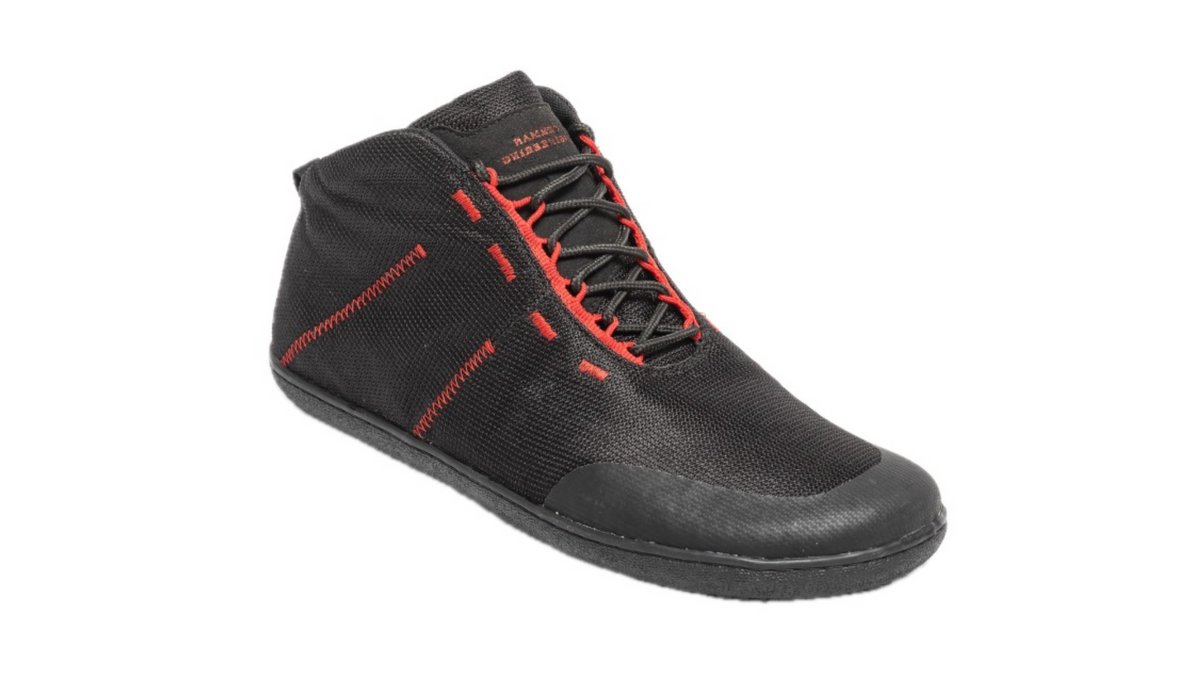 Schwarze Barfuß-Schuhe von Sole Runner aus Textil mit roten Nähten und Schnürung