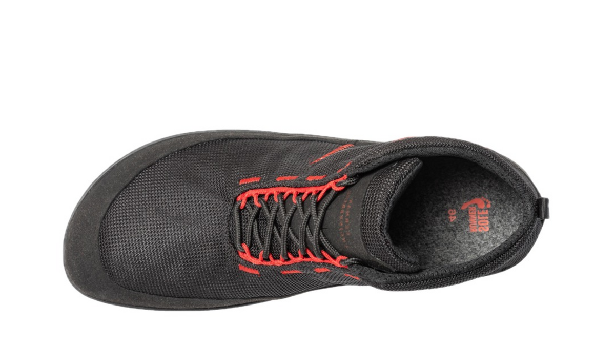 Schwarze Barfuß-Schuhe von Sole Runner aus Textil mit roten Nähten und Schnürung