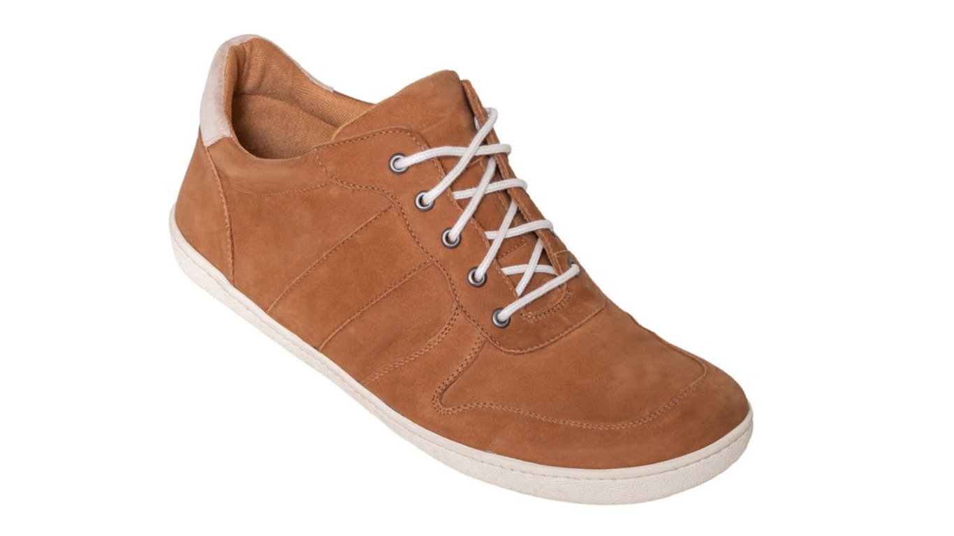 Barfußschuh, geschlossene Zehen und geschlossener Fersenbereich, Schnürung mit Ösen, flexible Sohle, Einzelschuh, schräge Vorderansicht