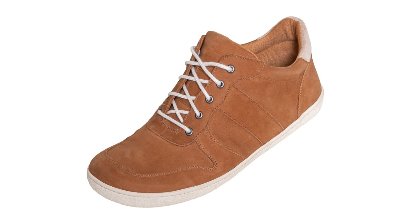 Barfußschuh, geschlossene Zehen und geschlossener Fersenbereich, Schnürung mit Ösen, flexible Sohle, Einzelschuh, schräge Vorderansicht