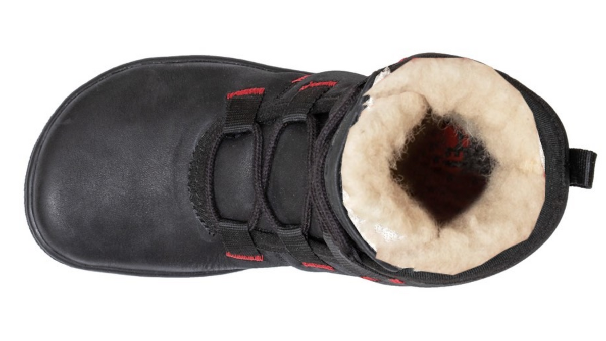 Kinder Barfußwinterstiefel, geschlossene Zehen und geschlossener Fersenbereich, Schnellverschluss, einzelner Schuh, Draufsicht