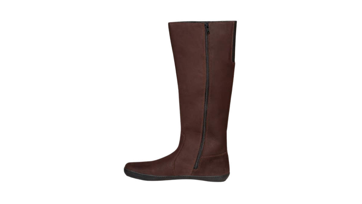 Kniehoher Barfußstiefel für Erwachsene mit hohem Schaft, breiter Zehenbox, Reißverschluss und flacher Sohle, Seitenansicht innen